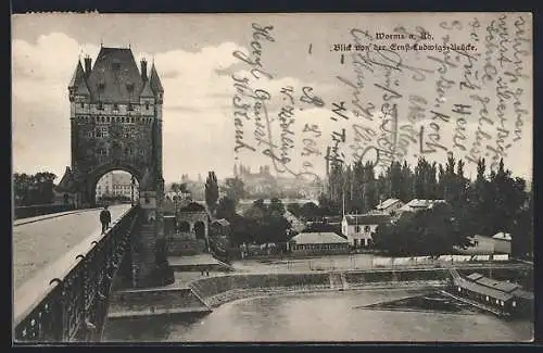 AK Worms a. Rh., Blick von der Ernst-Ludwigs-Brücke