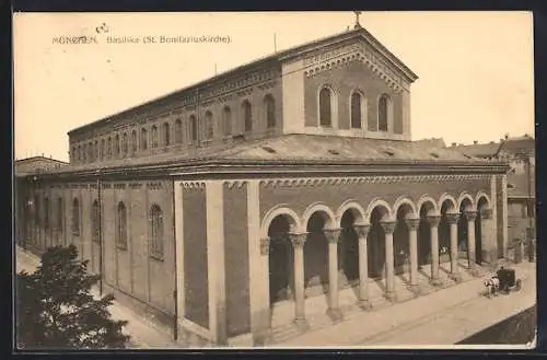 AK München, Pferdekutsche vor der Basilika, St. Bonifaciuskirche