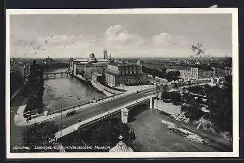 AK München-Au, Ludwigsbrücke mit Deutschem Museum aus der Vogelschau