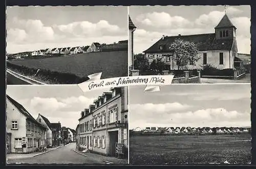 AK Schöneberg /Pfalz, Teilansicht, Kirche, Strassenpartie