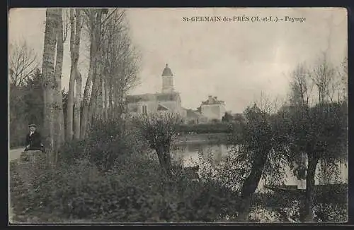 AK Saint-Germain-des-Prés, Vue sur l`église et le paysage au bord de l`eau