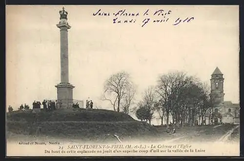 AK Saint-Florent-le-Vieil, La Colonne et l`Église avec vue sur la vallée de la Loire