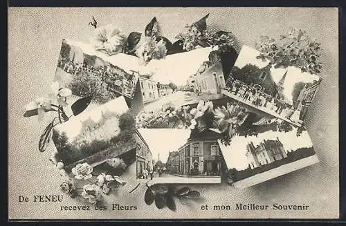 AK Feneu, Collage de cartes postales avec fleurs et meilleur souvenir