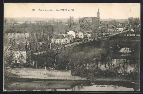 AK Ponts-de-Cé, Vue d`ensemble des ponts et de l`église en arrière-plan