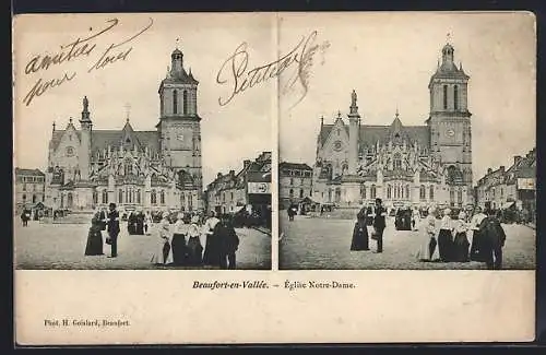 AK Beaufort-en-Vallée, Église Notre-Dame avec des passants sur la place