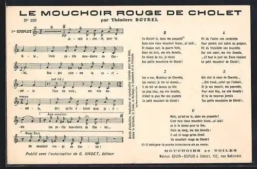 AK Cholet, Partitions de Le Mouchoir Rouge de Cholet par Théodore Botrel