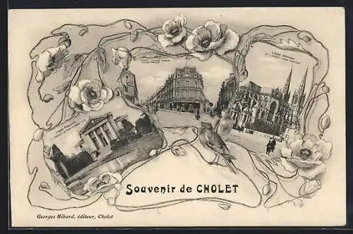 AK Cholet, Souvenir avec vues de la Place Travot et l`église Notre-Dame