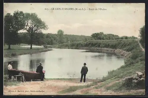 AK Le Lion-d`Angers, Bords de l`Oudon avec deux hommes et une barque