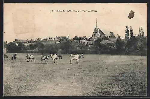 AK Melay, Vue générale avec église et pâturage au premier plan