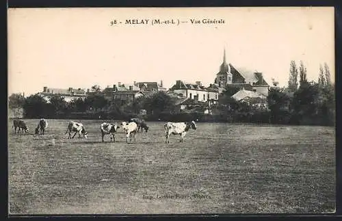 AK Melay, Vue Générale avec église et pâturage de vaches