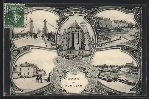 AK Montjean, Souvenir avec vues du pont, église et quais