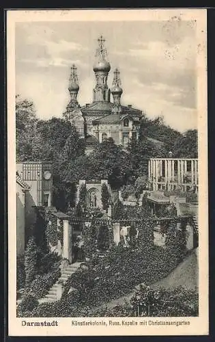 AK Darmstadt, Künstlerkolonie, Russ. Kapelle mit Christiansengarten