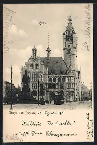 AK Dessau, Partie am Rathaus mit Strassenbahn