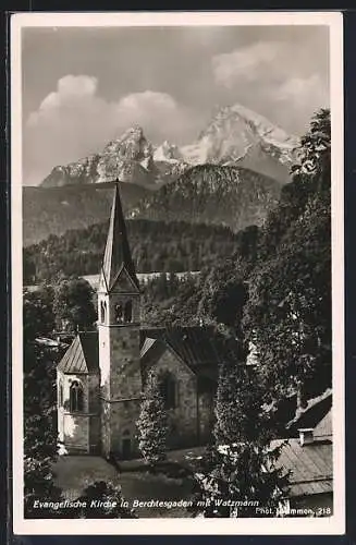 AK Berchtesgaden, Evangelische Kirche mit Blick auf den Watzmann