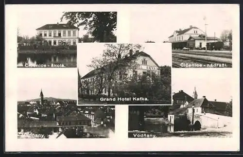 AK Vodnany, Cicenice nadrazi, skola, Grand Hotel Kafka