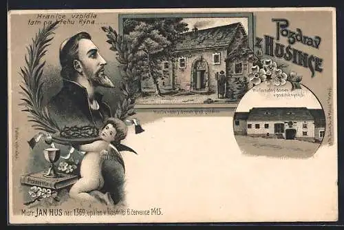 Lithographie Husinec, Hranice vzplala tam na brehu Ryna, Husuv rodny domek v podobe nynejsi