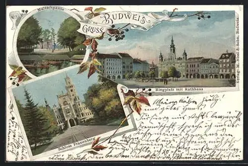 AK Budweis / Ceske Budejovice, Ringplatz mit Rathaus, Schloss Frauenberg, Maltschpartie