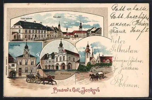 Lithographie Golcuv Jeníkov, Hotel Lederer, Nová radnice, Stara radnice, Námestí