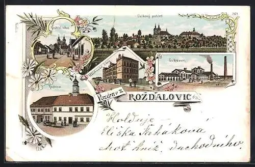 Lithographie Rozdalovice, Celkovy pohled, Zamek, Kostelni ulice