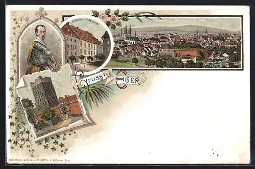 Lithographie Eger, Wallensteins Todeshaus und Schwarzer Thurm