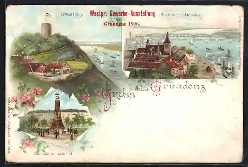 Lithographie Graudenz / Grudziadz, Schlossberg, Ortsansicht, Courbiere Denkmal