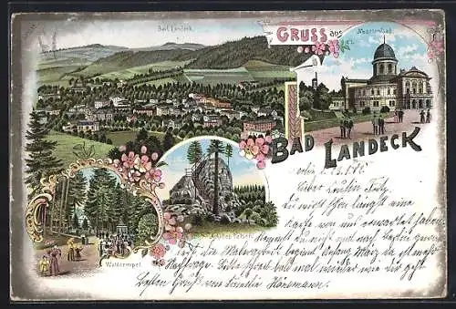 Lithographie Bad Landeck, Marienbad, Waldtempel, Achilles-Felsen, Gesamtansicht