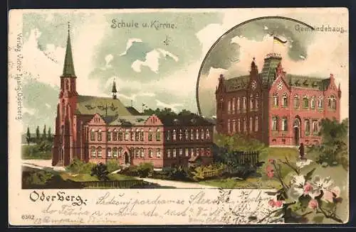 Lithographie Oderberg, Schule und Kirche, Gemeindehaus