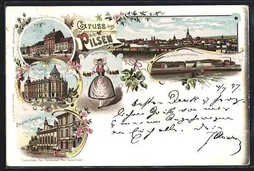 Lithographie Pilsen, Deutsche Turnhalle, Genossenschafts-Brauerei, Rathaus und K. k. Postamt