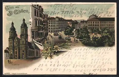 Lithographie St. Gallen, Domkirche, Marktplatz mit Strassenbahnen