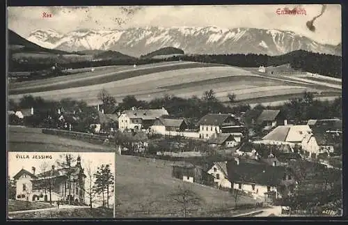 AK Enzenreith, Totalansicht mit gewaltigem Bergpanorama, Rax, Villa Jessing