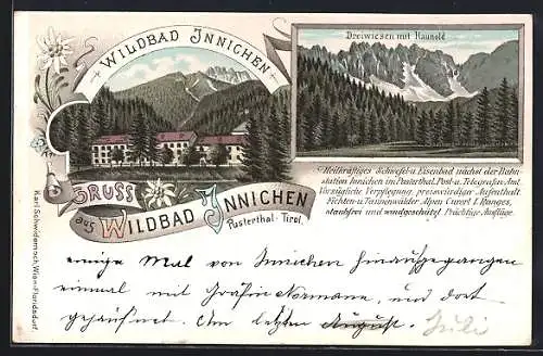 Lithographie Innichen /Pusterthal, Wildbad und Dreiwiesen mit Haunold