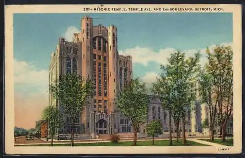 AK Detroit, MI, Masonic Temple, Ansicht der Freimaurerloge, Temple Avenue and 2nd Boulevard