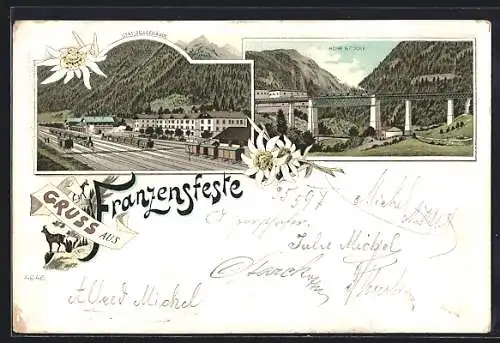 Lithographie Franzensfeste, Bahnhofgebäude und hohe Brücke