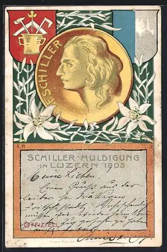 Lithographie Luzern, Schiller-Huldigung 1905, Schiller im Profil