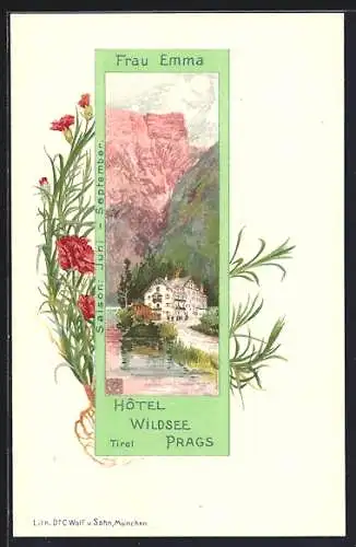 Lithographie Prags, Hotel Wildsee Prags Frau Emma, Nelken