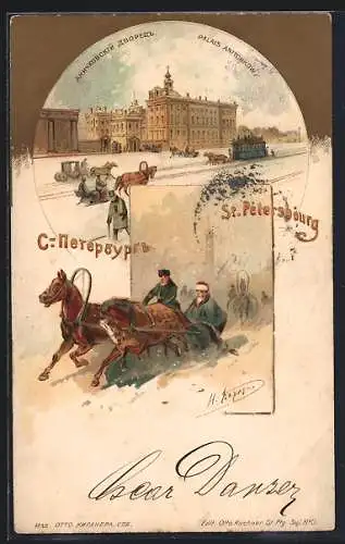 Lithographie St. Petersbourg, Palais Anitchkow, Pferdebahn und Pferdeschlitten im Winter