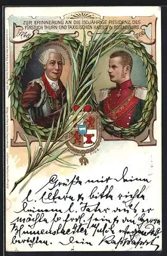 Künstler-AK Regensburg, Fürst Alexander Ferdinand und Fürst Albert von Thurn & Taxis, Wappen