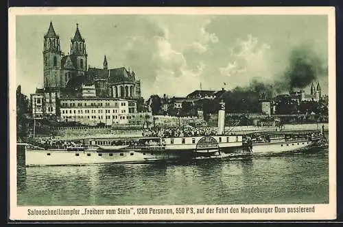 AK Magdeburg, Elb-Dampfer Freiherr vom Stein passiert den Dom