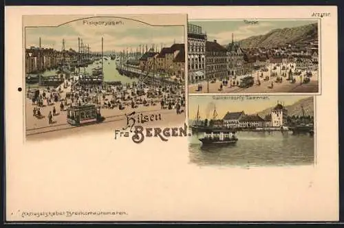 Lithographie Bergen, Torvet, Valkendorfs Taarnet, Fiskebryggen