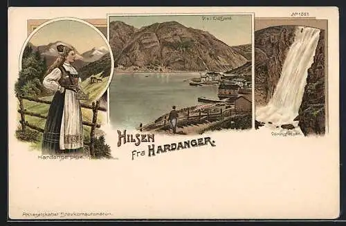 Lithographie Hardanger, Hardangerpige, Viki Eidfjord, Vöringfossen