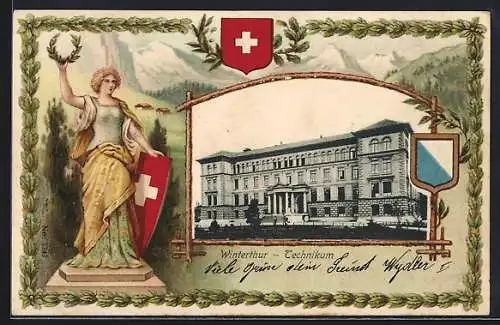 Lithographie Winterthur, Blick auf das Technikum, Passepartout mit Helvetia und Wappen