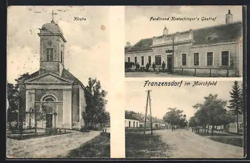 AK Gross-Enzersdorf, Franzensdorf im Marchfeld, Kirche und Ferdinand Kratschinger`s Gasthof