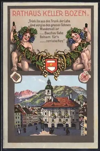 Künstler-AK Bozen, Gasthaus Rathaus Keller, Kinder mit Trauben halten Schmuck und Wappen