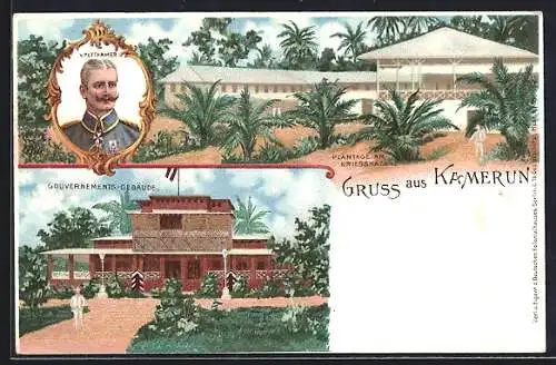 Lithographie Kamerun, Gouvernements-Gebäude, Plantage am Kriegshafen Kamerun