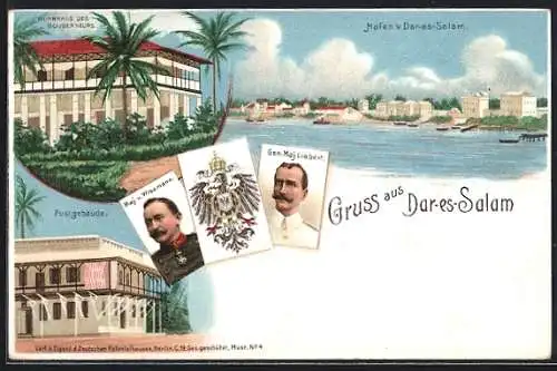 Lithographie Dar-es-Salam, Wohnhaus des Gouverneurs, Postgebäude, Hafen