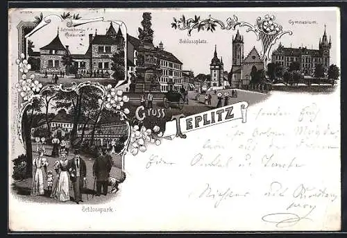 Lithographie Teplitz Schönau / Teplice, Schlossberg mit Restaurant und Gymnasium