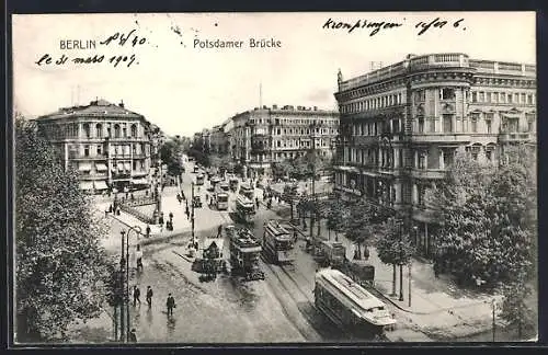 AK Berlin-Tiergarten, Viele Strassenbahnen an der Potsdamer Brücke