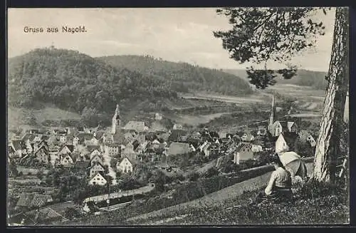 AK Nagold, Ortsansicht mit Bergblick von einer Anhöhe aus