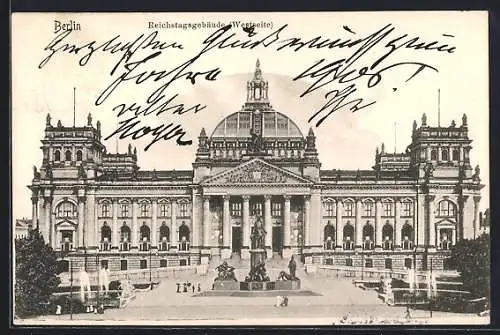 AK Berlin-Tiergarten, Reichstagsgebäude, Westseite mit Denkmal