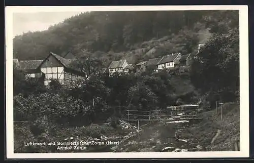 AK Zorge /Harz, Zorgepartie mit Brücke und Ortspanorama